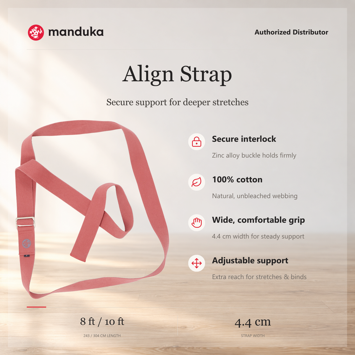 Manduka Align Yoga Strap — ringkasan fitur dan pilihan panjang.