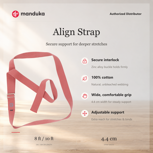 Manduka Align Yoga Strap — ringkasan fitur dan pilihan panjang.