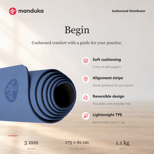 Manduka Begin Yoga Mat 5 mm warna Moon Black dengan alignment stripe, ukuran 173 × 61 cm dan berat 1,1 kg