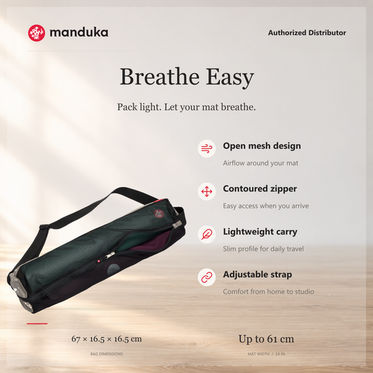 Manduka Breathe Easy Yoga Bag — ringkasan fitur dan ukuran.