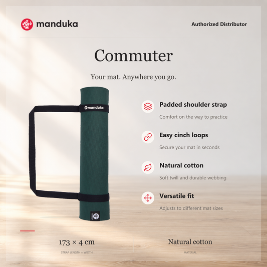 Manduka Commuter Yoga Mat Carrier — ringkasan fitur dan ukuran.
