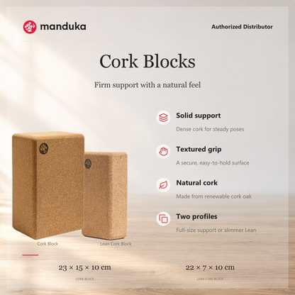 Manduka Cork Yoga Block dan Lean Cork Yoga Block — perbandingan fitur dan ukuran.