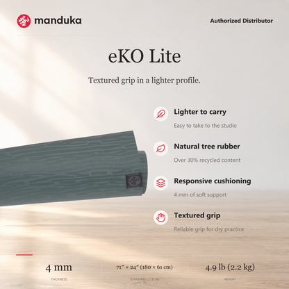Manduka eKO Lite Yoga Mat 4 mm — ringkasan fitur dan ukuran.