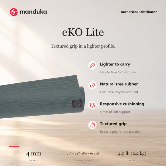 Manduka eKO Lite Yoga Mat 4 mm — ringkasan fitur dan ukuran.