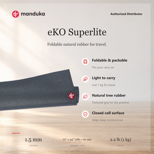 Manduka eKO Superlite Travel Yoga Mat 1.5 mm — ringkasan fitur dan ukuran.
