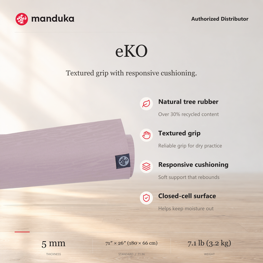 Manduka eKO Yoga Mat 5 mm — ringkasan fitur dan ukuran.