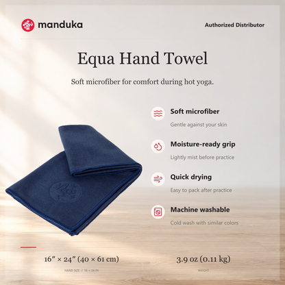 Manduka Equa Hand Towel — ringkasan fitur dan ukuran.