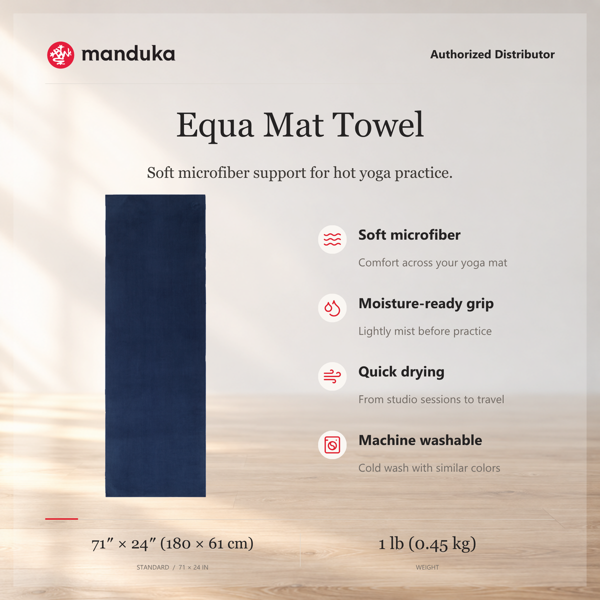 Manduka Equa Yoga Mat Towel — ringkasan fitur dan ukuran.