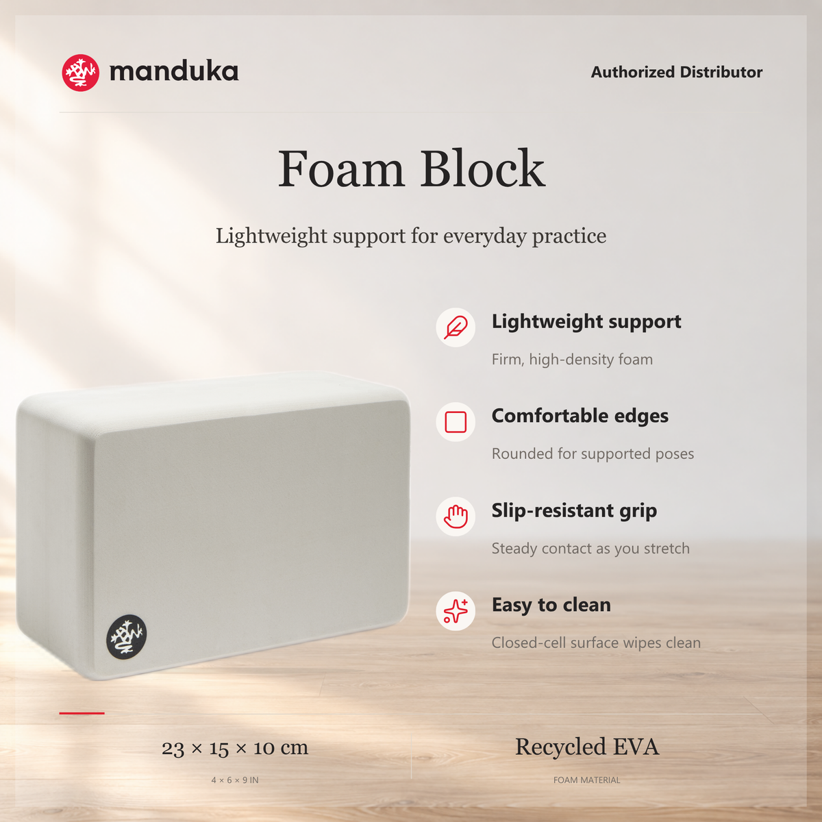 Manduka Recycled Foam Yoga Block — ringkasan fitur dan ukuran.
