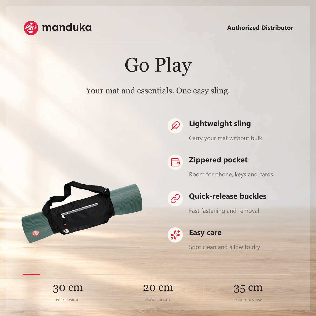 Manduka GO Play Yoga Mat Carrier — ringkasan fitur dan ukuran.