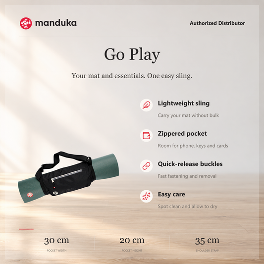 Manduka GO Play Yoga Mat Carrier — ringkasan fitur dan ukuran.