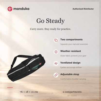 Manduka GO Steady Yoga Mat Bag — ringkasan fitur dan ukuran.
