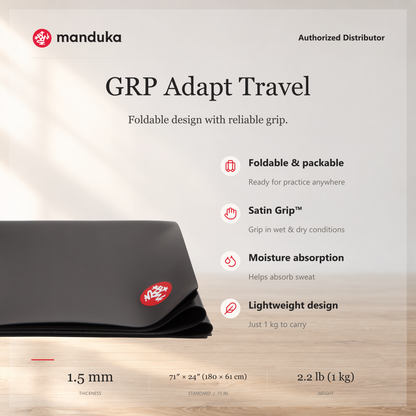 Manduka GRP Adapt Travel Yoga Mat 1.5 mm — ringkasan fitur dan ukuran 180 × 61 cm.