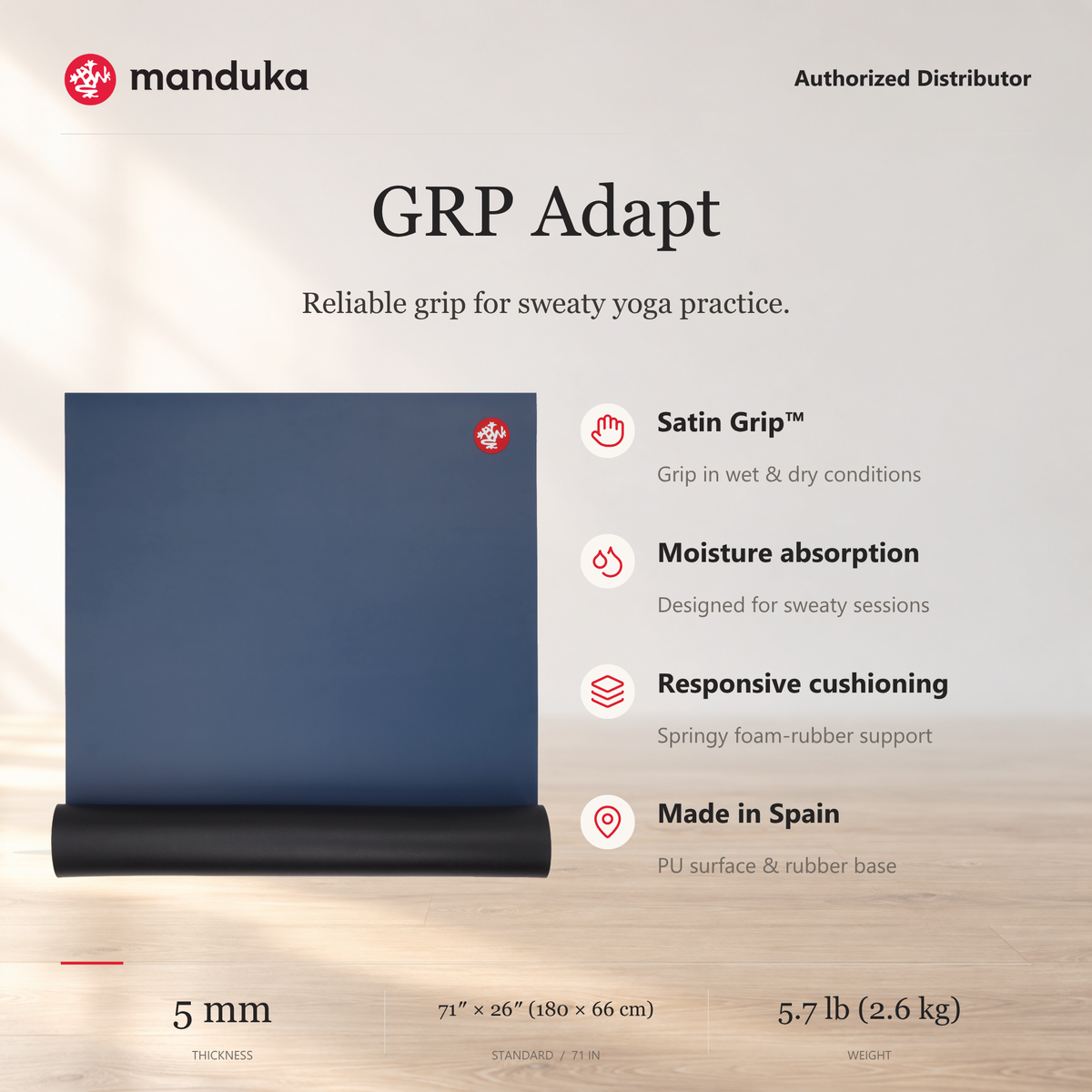 Manduka GRP Adapt Yoga Mat 5 mm — ringkasan fitur dan ukuran.
