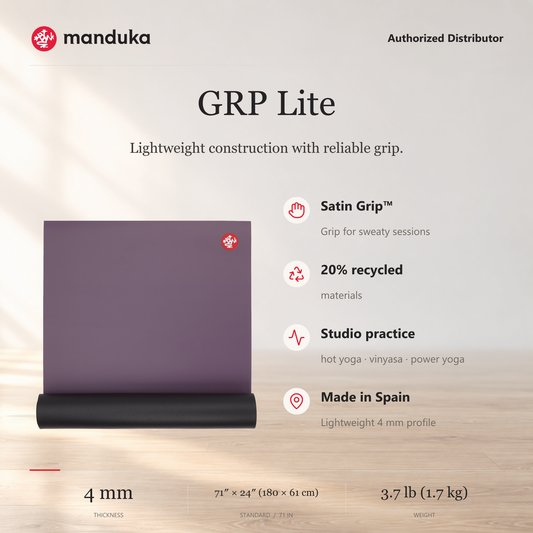 Manduka GRP Lite Yoga Mat 4 mm — ringkasan fitur dan ukuran.