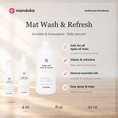 Manduka Yoga Mat Wash & Refresh — ringkasan fitur serta ukuran 4 oz, 8 oz, dan 32 oz.