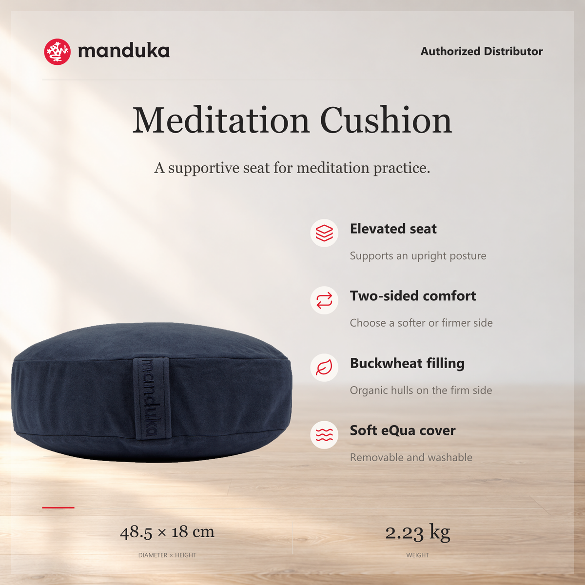 Manduka Meditation Cushion — ringkasan fitur dan ukuran.
