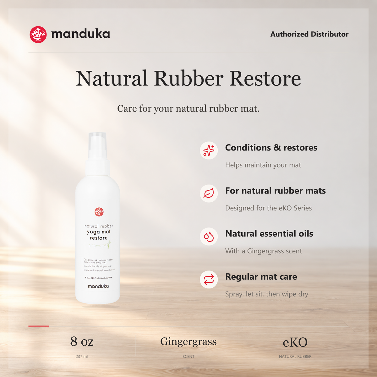 Manduka Natural Rubber Restore Gingergrass 8 oz / 237 ml — perawatan matras karet alami.