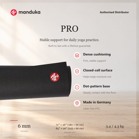 Manduka PRO Yoga Mat 6 mm — ringkasan fitur dan ukuran.