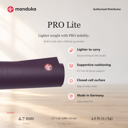 Manduka PRO Lite Yoga Mat 4.7 mm — ringkasan fitur dan ukuran.