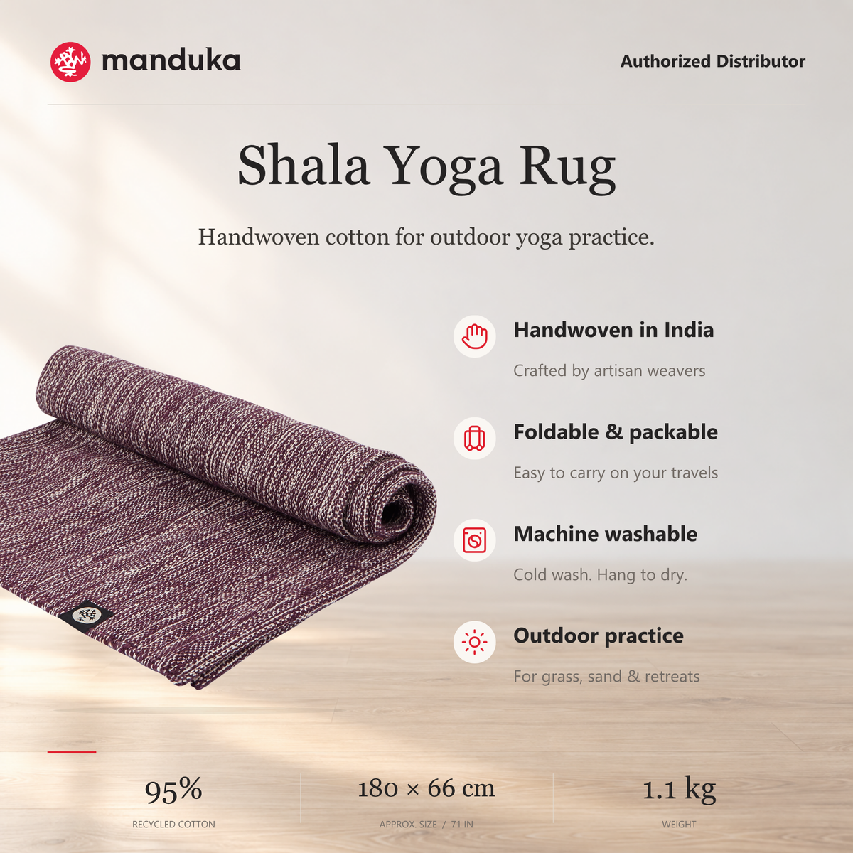 Manduka Shala Yoga Rug — ringkasan fitur dan ukuran.