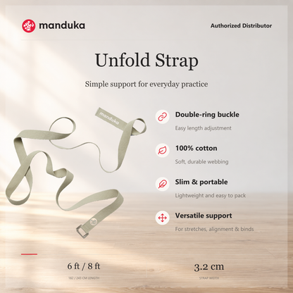 Manduka Unfold Yoga Strap — ringkasan fitur dan pilihan panjang.