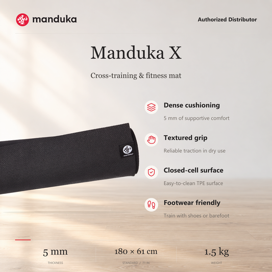 Manduka X Yoga Mat 5 mm — ringkasan fitur dan ukuran.