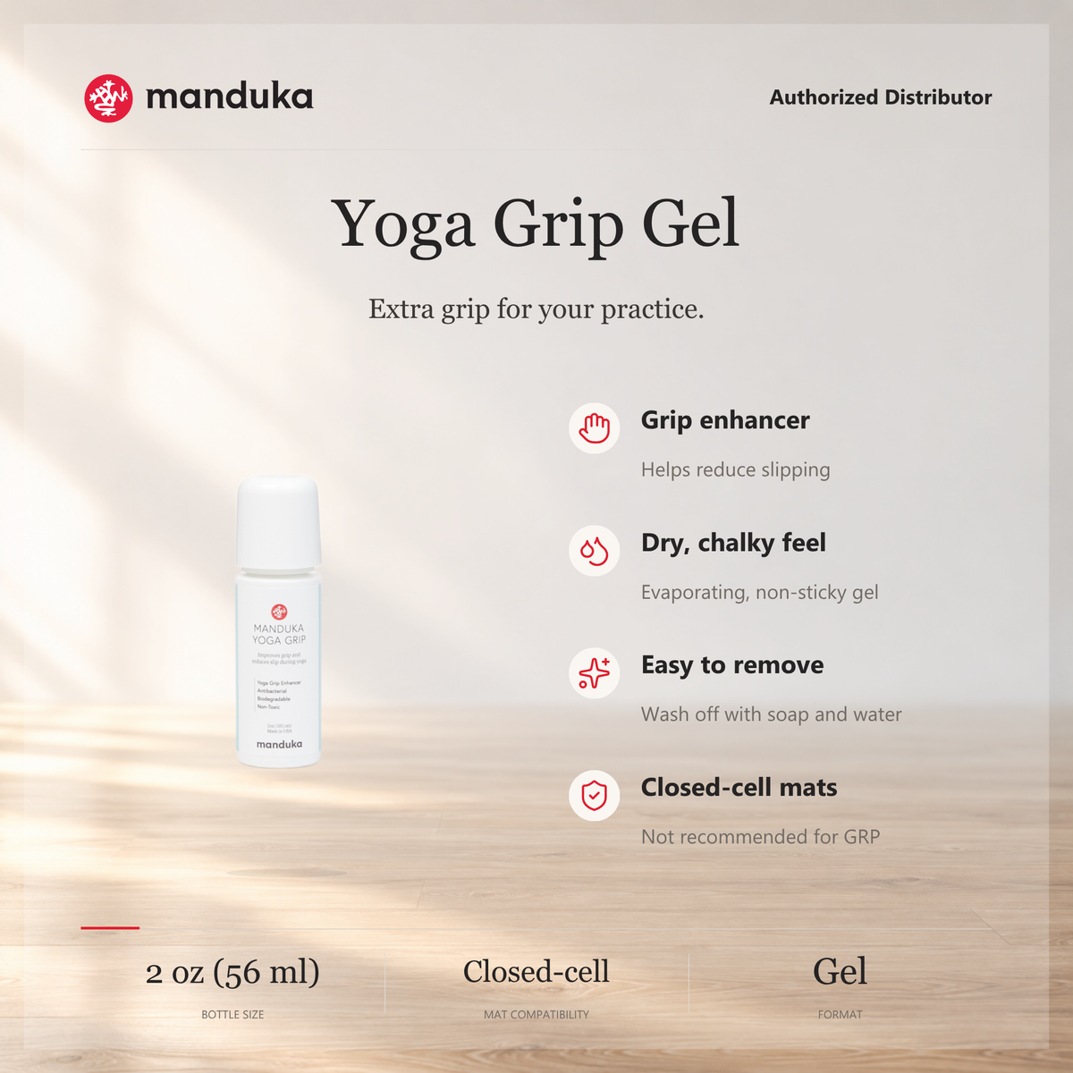 Manduka Yoga Grip Gel 2 oz / 56 ml — ringkasan fitur dan penggunaan.