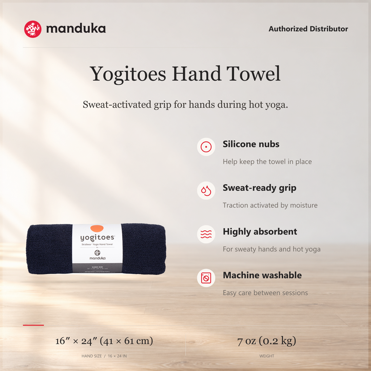 Manduka Yogitoes Hand Towel — ringkasan fitur dan ukuran.