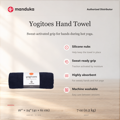 Manduka Yogitoes Hand Towel — ringkasan fitur dan ukuran.