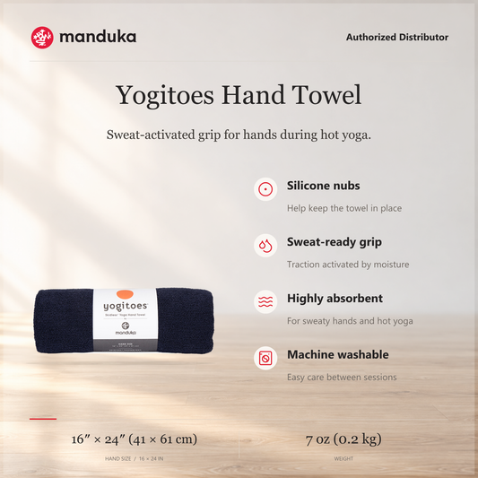 Manduka Yogitoes Hand Towel — ringkasan fitur dan ukuran.